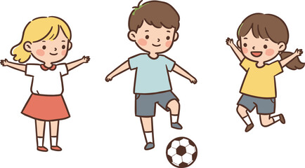 Cartoon kids playing soccer, happy children outdoors, football game, active playtime, smiling boy and girls, teamwork, sports fun, childhood activity, healthy lifestyle, joy