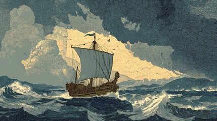 Odyssey ship sailing stormy sea Greek epic scene