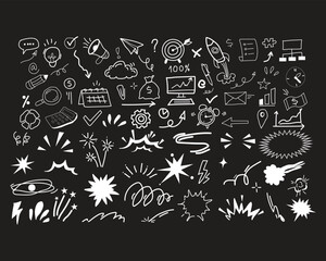 Collection of white hand-drawn comic book style effects and elements