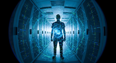Dynamic Digital Transformation An Empowered Human Consciousness Navigating the Future of Information within a Vibrant, Futuristic Data Center