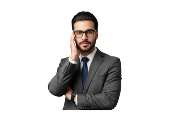 Professional businessman in suit and glasses touching head pensive serious portrait isolated on transparent background