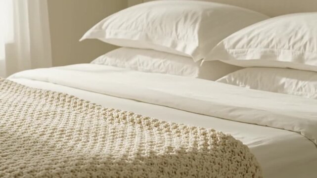 A bed with stacked pillows covered in white sheets and a textured beige blanket Natural light and soft tones create a calm scene