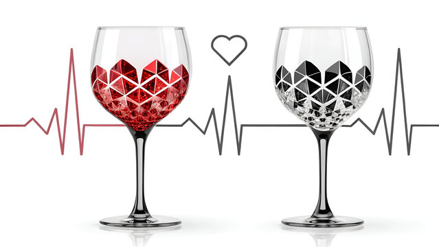 Crystal wine glasses with red and black faceted designs and heartbeat line image