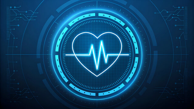Glowing neon blue heart pulse waveform within futuristic digital interface electrocardiogram