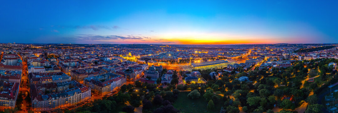 Sunset view of Prague from Rieger orchards in Prague, Czech repu