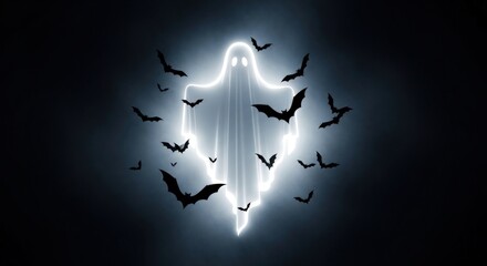 Fototapeta premium Spooky Halloween ghost illuminated by eerie light with bats flying in dark night sky