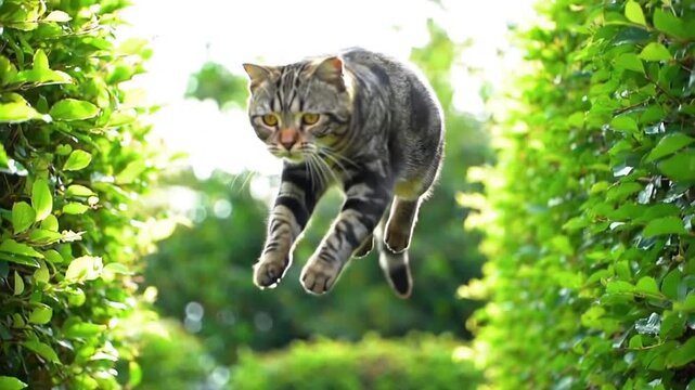 Tabby cat mid jump green foliage