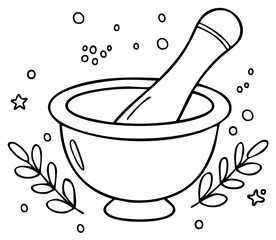 Line art rendering of mortar and pestle with botanical and celestial accents for coloring page
