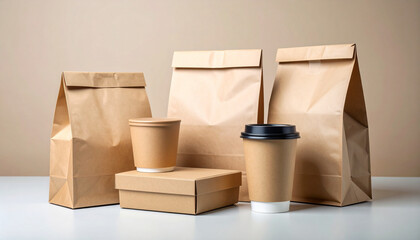 Eco-Friendly Takeout: Brown Paper Bags, Cups and Boxes on a White Surface, Sustainable Food Packaging Options for Restaurants and Delivery Services