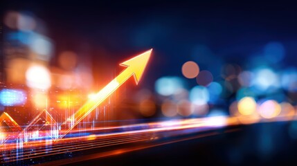 Abstract representation of growth with an upward arrow amidst a blurred cityscape at night