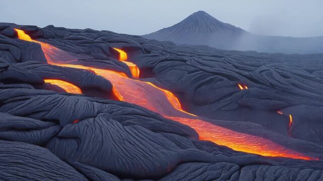 Dramatic lava flow creating dynamic patterns in volcanic landscape video