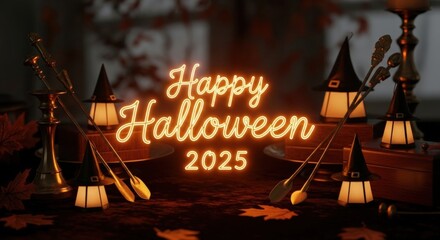 Spooky neon 'Happy Halloween 2025' glows amidst witch hat lanterns and autumn decor