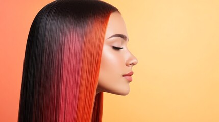 Fototapeta premium Ombre hair extensions transitioning from black to fiery red, displayed against a glowing gradient