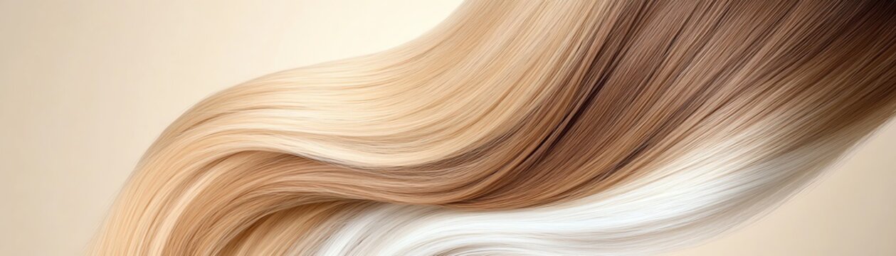 Ombre hair extensions, transitioning from ash brown to icy blonde, displayed against a glowing gradient