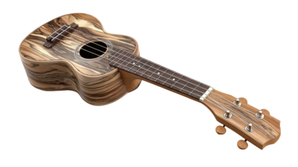 A beautifully crafted wooden ukulele on a white isolated background.