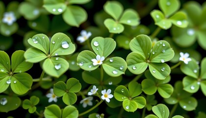 Closeup Dewkissed Clover and Starshaped Flowers