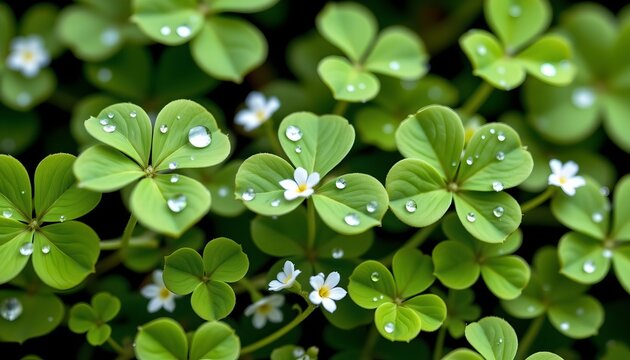 Closeup Dewkissed Clover and Starshaped Flowers