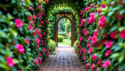Enchanting Brick Pathway Through Vibrant Garden