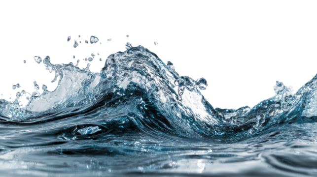 A dynamic wave crashing with splashes, captured in high detail on a white isolate background.