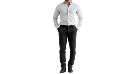 A man in a white shirt and black pants standing confidently with hands in pockets on a white isolated background.