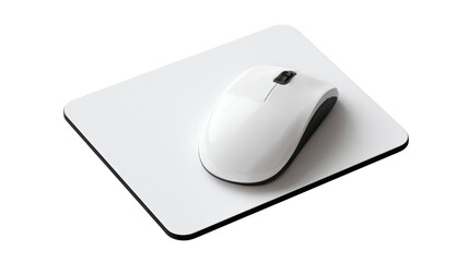 A modern white computer mouse placed on a clean white mouse pad, ideal for an office setup.