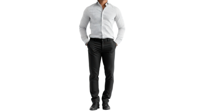 A man in a white shirt and black pants standing confidently with hands in pockets on a white isolated background.