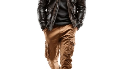 A stylish man confidently walking in casual attire on a white isolated background.