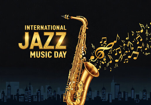 Celebrate international jazz music day with a golden saxophone and musical notes against a city skyline at night