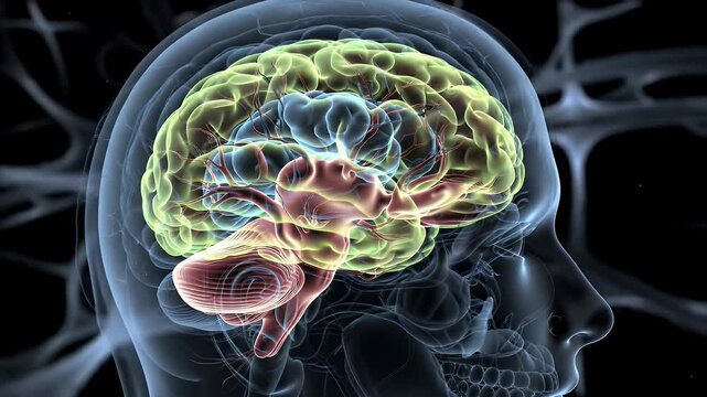 Detailed Animation of Translucent Anatomical Head with Glowing Brain Structure Featuring Cerebrum and Cerebellum Emphasized in Soft Yellow Light Blue and Pink Hues Perfect for Medical Presentations