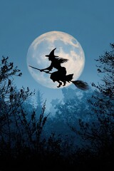 silhouette witch flying on broom full moon fantasy