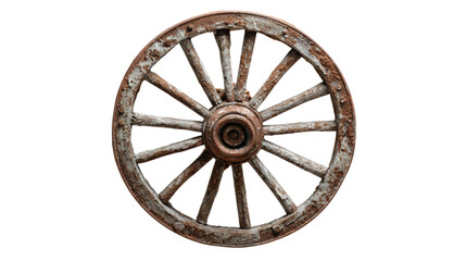 Antique wooden wagon wheel on a white isolated background.