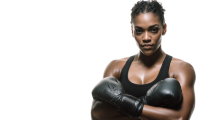 Athlete in boxing gloves poses confidently, isolated on white background.