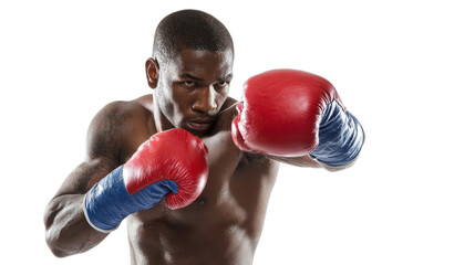 Athlete practicing boxing with determination, focused on training in a powerful stance.