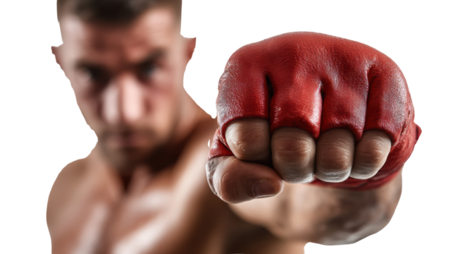 Athlete delivering a powerful punch, showcasing strength and determination, white isolated background.