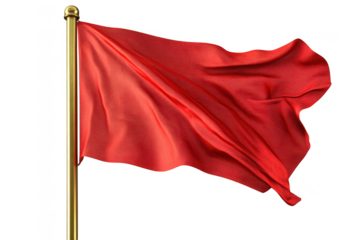 Waving red flag on golden pole illustration, symbol of warning, danger, or alert, graphic element, high resolution isolated on transparent background