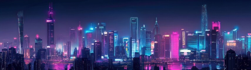 Neon Cityscape with Skyscrapers and Reflections in a Body of Water