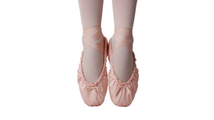 Ballet shoes on a dancer's feet, ready to perform, isolated on a white background.