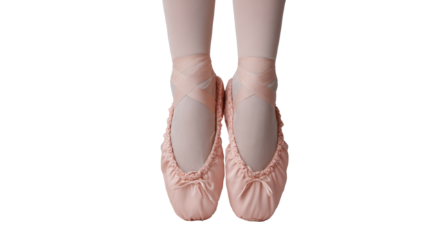Ballet shoes on a dancer's feet, ready to perform, isolated on a white background.