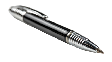 Black pen with silver accents on a white isolated background, ideal for office or stationery themes.