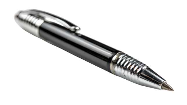 Black pen with silver accents on a white isolated background, ideal for office or stationery themes.