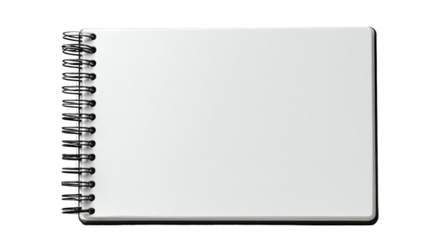 Blank spiral notebook for design, creativity, and note-taking on a white isolated background.