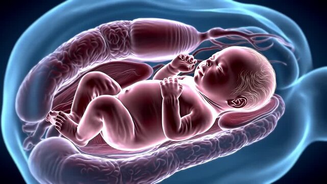 Detailed Fetus Development Inside Amniotic Sac with Umbilical Cord and Placental Blood Vessels Illustration in a Medical 3D Rendering for Educational and Scientific Purposes Visualization