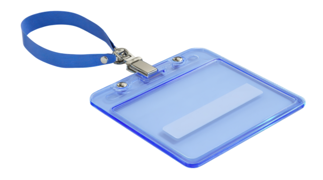 Blue plastic ID badge holder isolated on a white background.