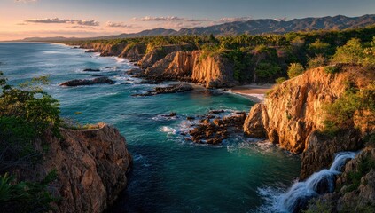 Coastal cliffs and ocean view at sunset with vibrant colors.