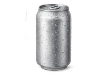 Silver soda can covered with refreshing condensation droplets, isolated on a transparent background, ready for customization