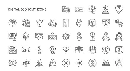 Collection of digital economy symbols representing financial technology and online business in a clean, minimalist style, conveying innovation and modernity.