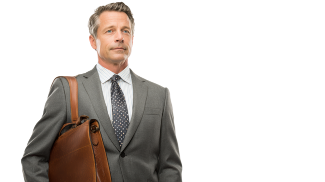 Businessman in a suit holding a leather bag, isolated on a white background.