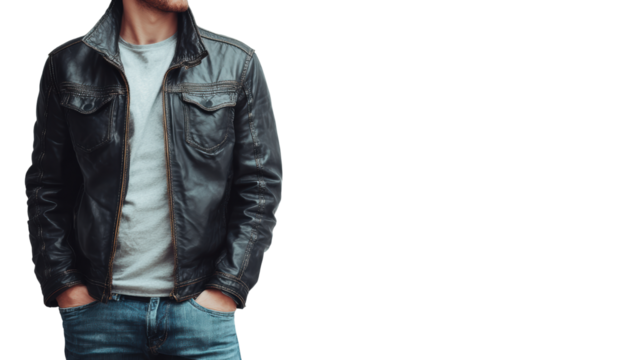 Casual man in a leather jacket and jeans standing with hands in pockets, white isolated background.