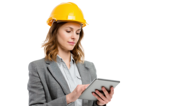 Businesswoman in a hard hat using a tablet, isolated on white background.