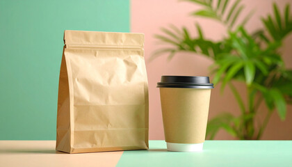 Minimalist coffee branding mock-up with kraft paper bag and cup on pastel background,Simple coffee packaging design on a two-tone surface with a botanical backdrop